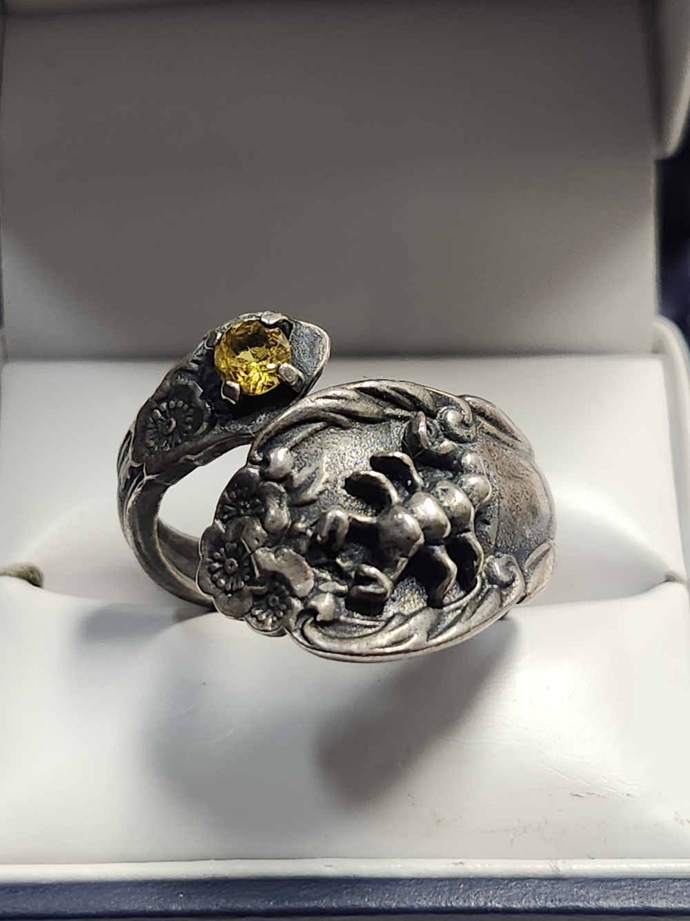 Rare BW Sterling Silver Vintage Scorpio Zodiac Spoon Ring Scorpion Yellow Topaz